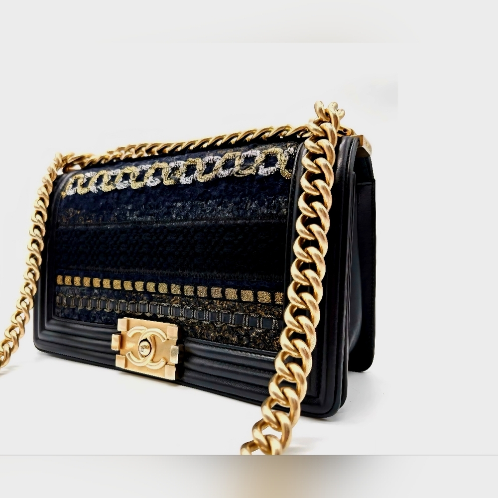 Chanel Black Lambskin Metallic Tweed Embroidered Medium Boy Bag - Picture 14 of 14